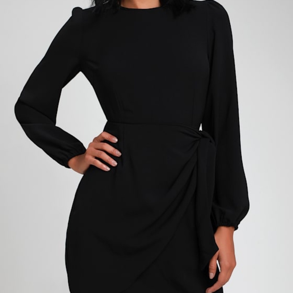 Lulus Believe It Or Knot Black Long Sleeve Tie-front Skater Dress - Size XL